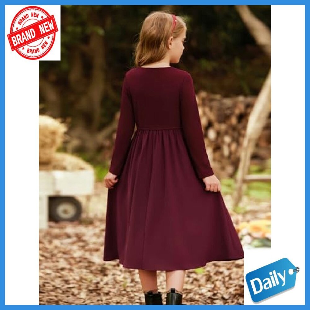 Girls Long Sleeve Maxi Dress with Pockets Formal Casual Polyester Blend - Picture 4 of 8